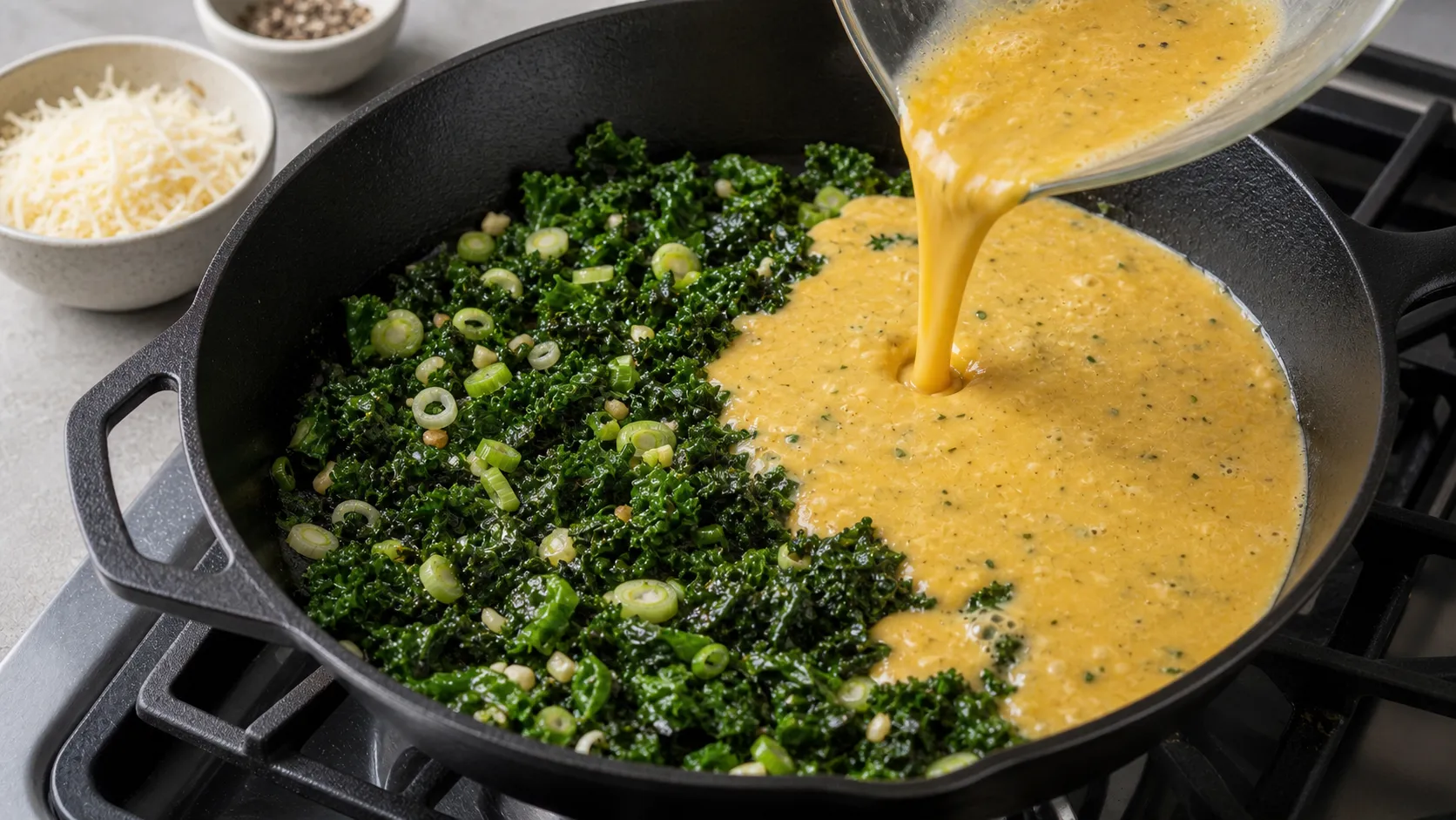 Preparation step for Keto Kale-Parmesan Frittata: 53 g Protein - Breakfast from the Oven: Remove the kale stems and roughly chop the leaves (yields approx. 100 g). Finely chop the garlic.