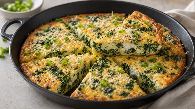 Keto kale-parmesan frittata in a pan, golden brown baked with parmesan