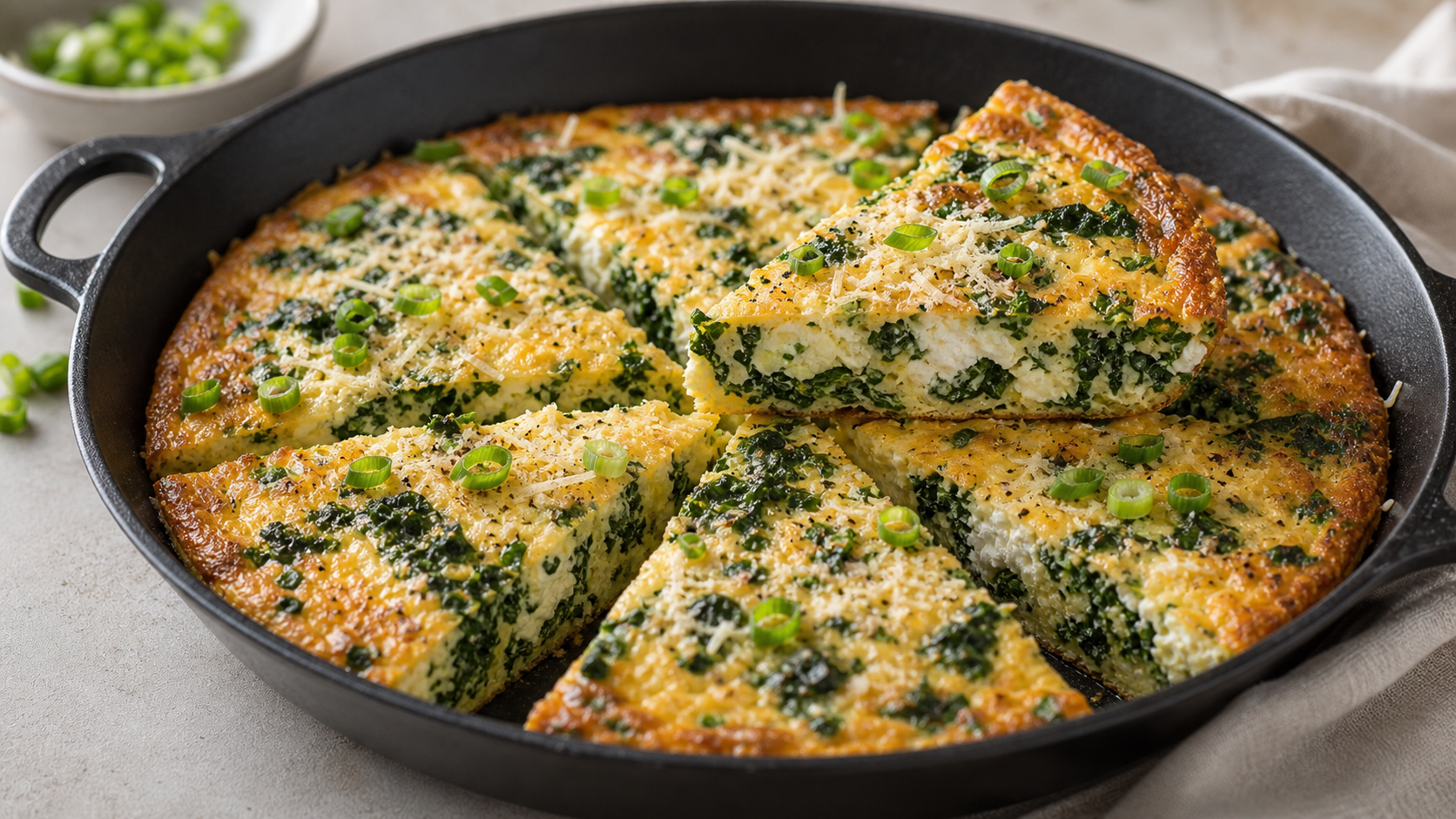 Keto kale-parmesan frittata in a pan, golden brown baked with parmesan