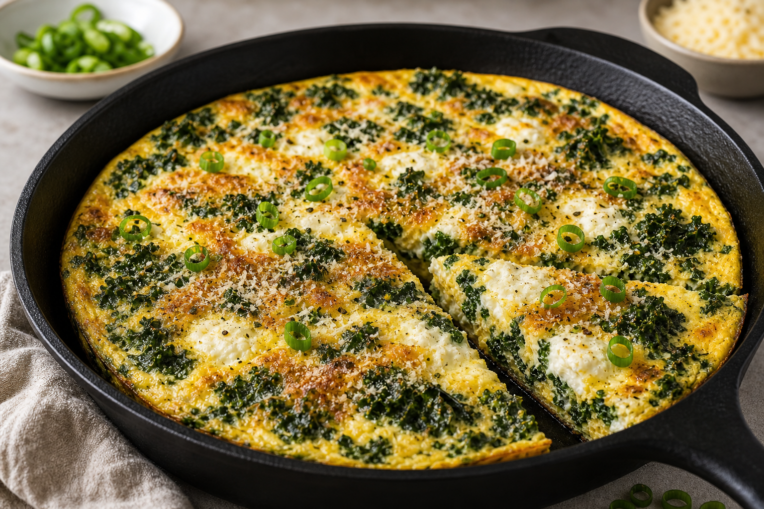 Keto kale-parmesan frittata in a pan, golden brown baked with parmesan