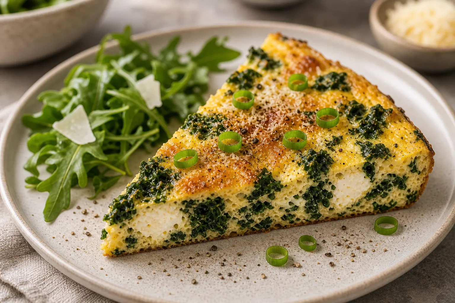 Finished keto kale frittata from the oven, cut into pieces