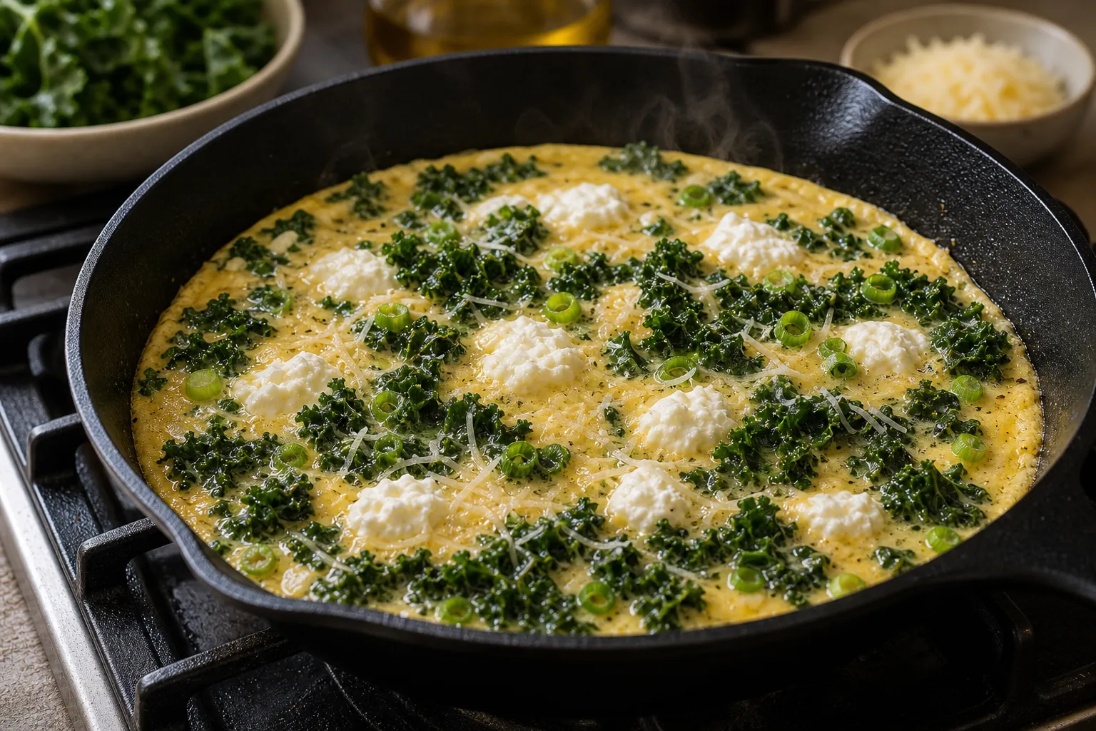 Wilting kale in the pan and pouring the egg-ricotta mixture on top