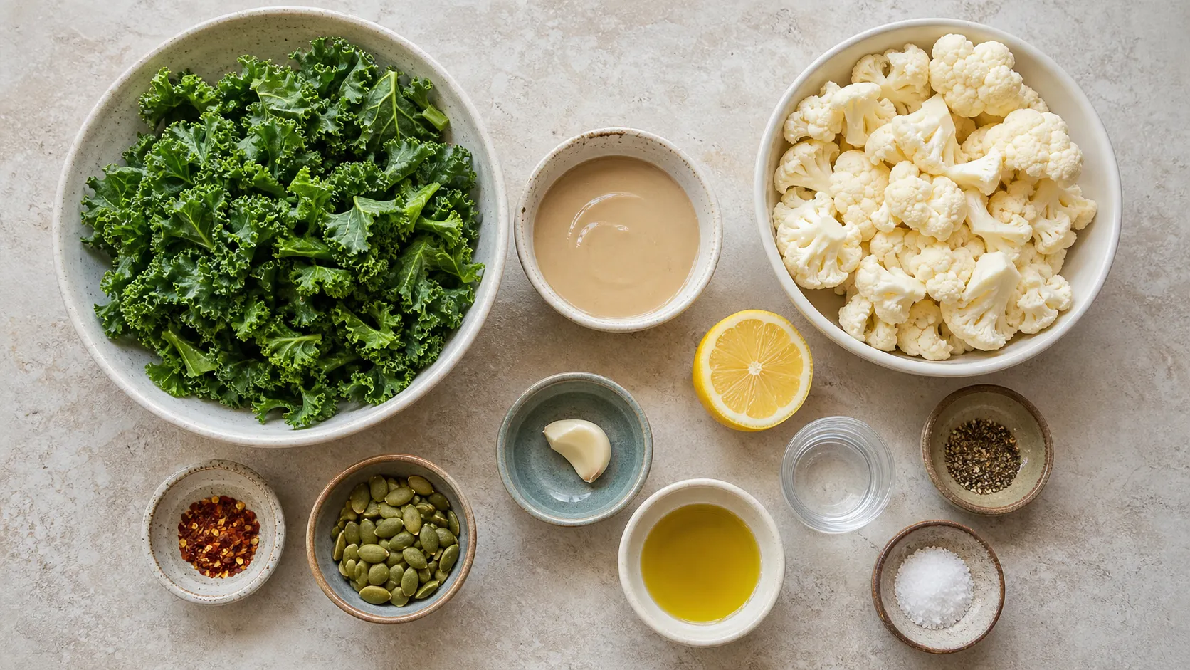 Ingredients for the keto kale tahini bowl: kale, cauliflower, tahini, olive oil, lemon, garlic, pumpkin seeds and chili flakes