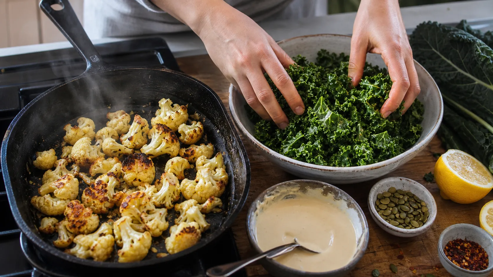Kale being massaged with olive oil and lemon juice, next to golden brown roasted cauliflower