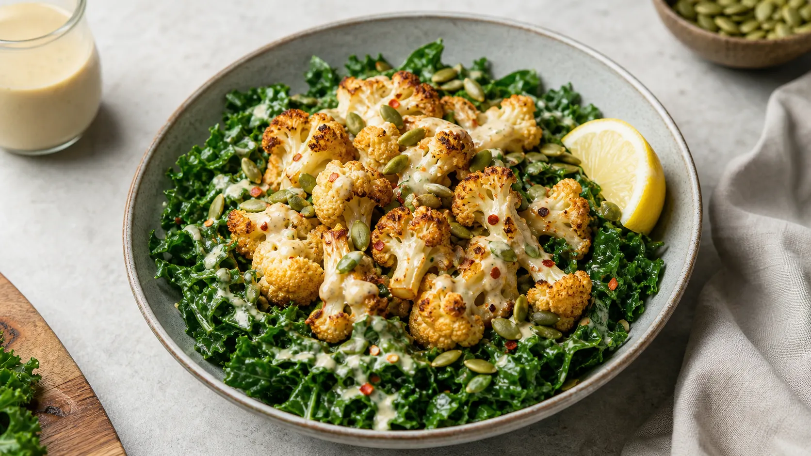 Keto kale tahini bowl with dark green massaged kale, golden brown roasted cauliflower and creamy tahini dressing, garnished with pumpkin seeds