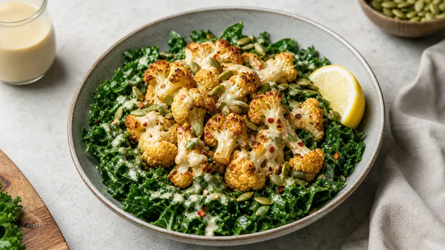 Keto kale tahini bowl with dark green massaged kale, golden brown roasted cauliflower and creamy tahini dressing, garnished with pumpkin seeds