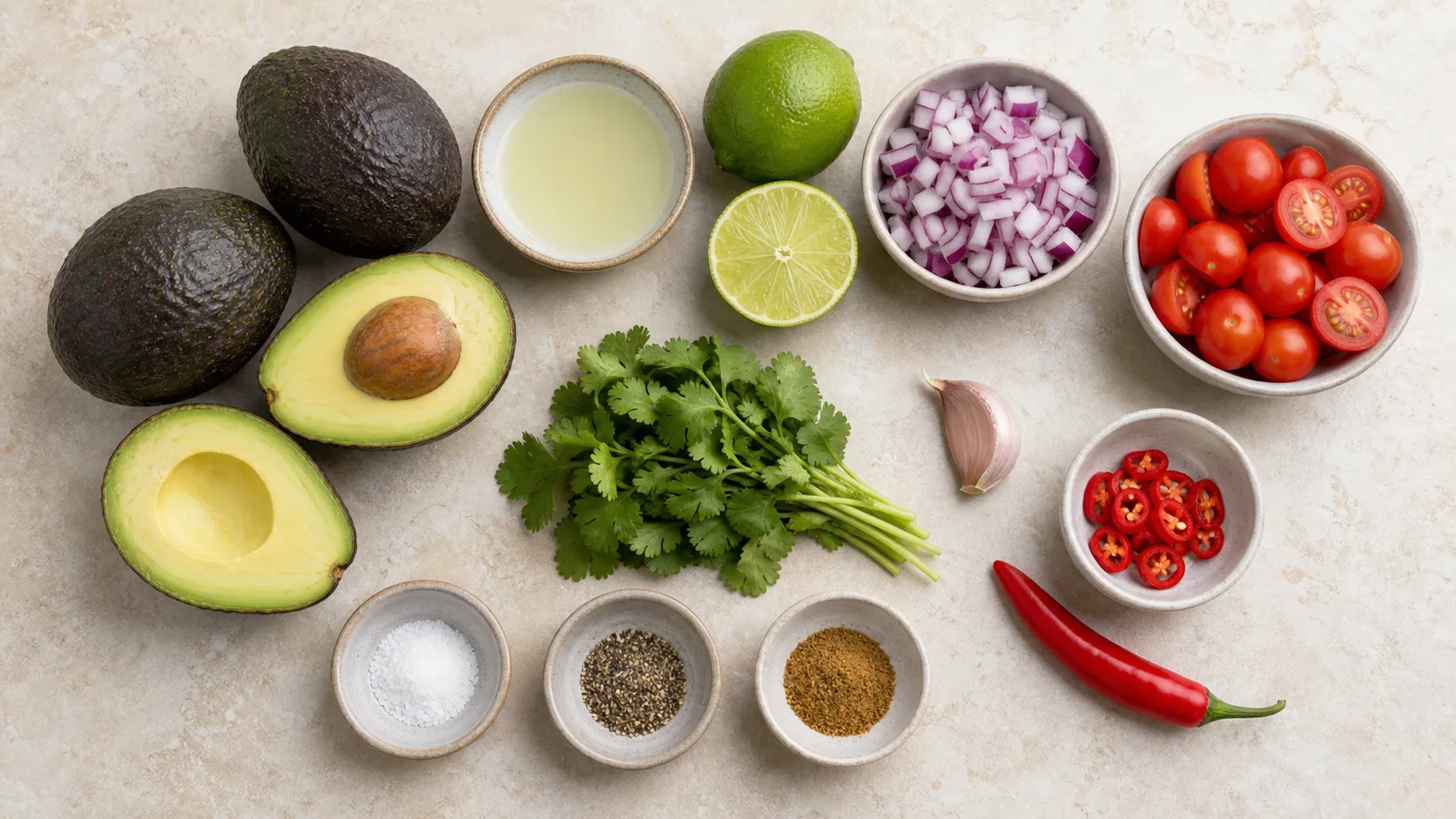 Ingredients for keto guacamole: avocados, lime, red onion, cherry tomatoes, chili and cilantro