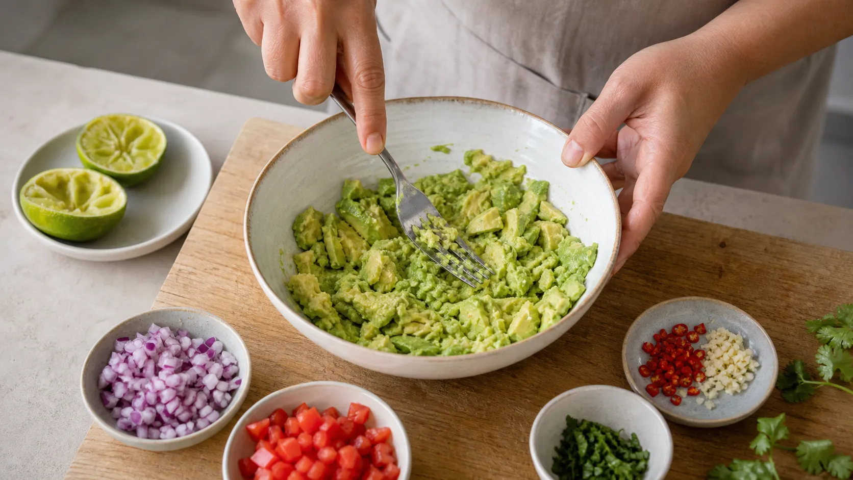 Avocado flesh being mashed with a fork in a bowl