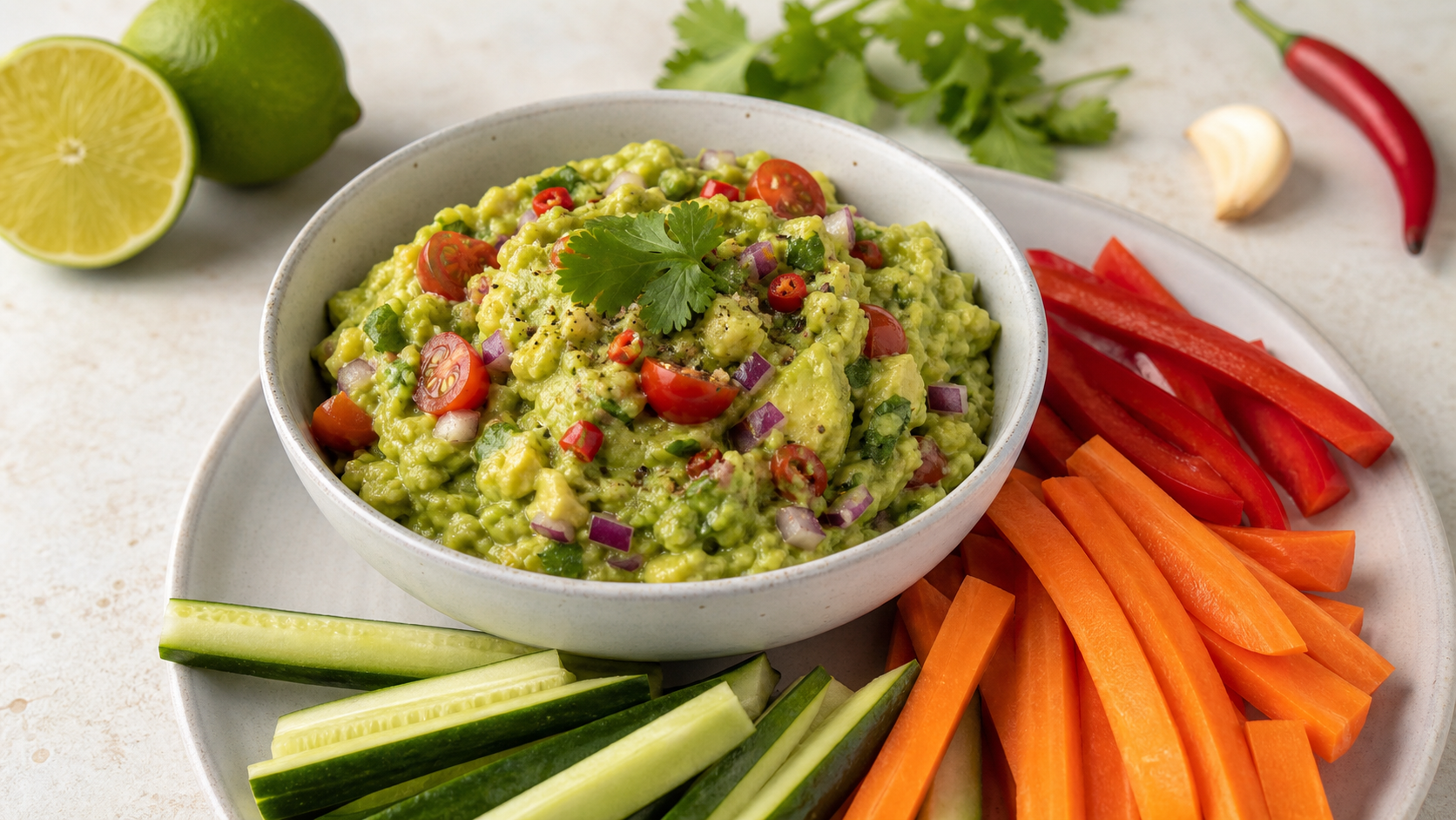 Keto guacamole from avocado, lime and cilantro in a bowl with vegetable sticks