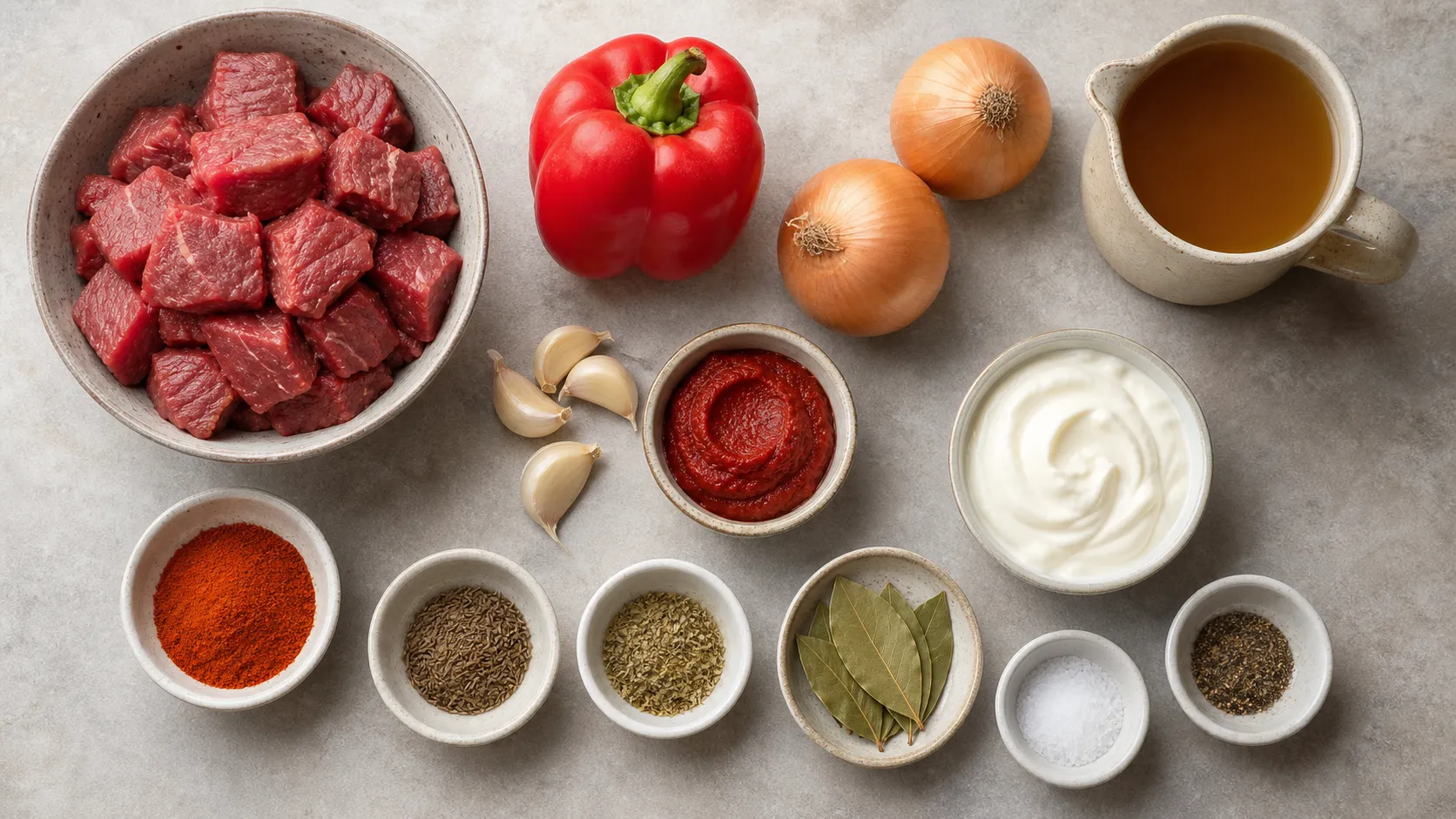 Ingredients for keto goulash soup: stewing beef, bell pepper, onions, tomato paste, paprika powder and stock