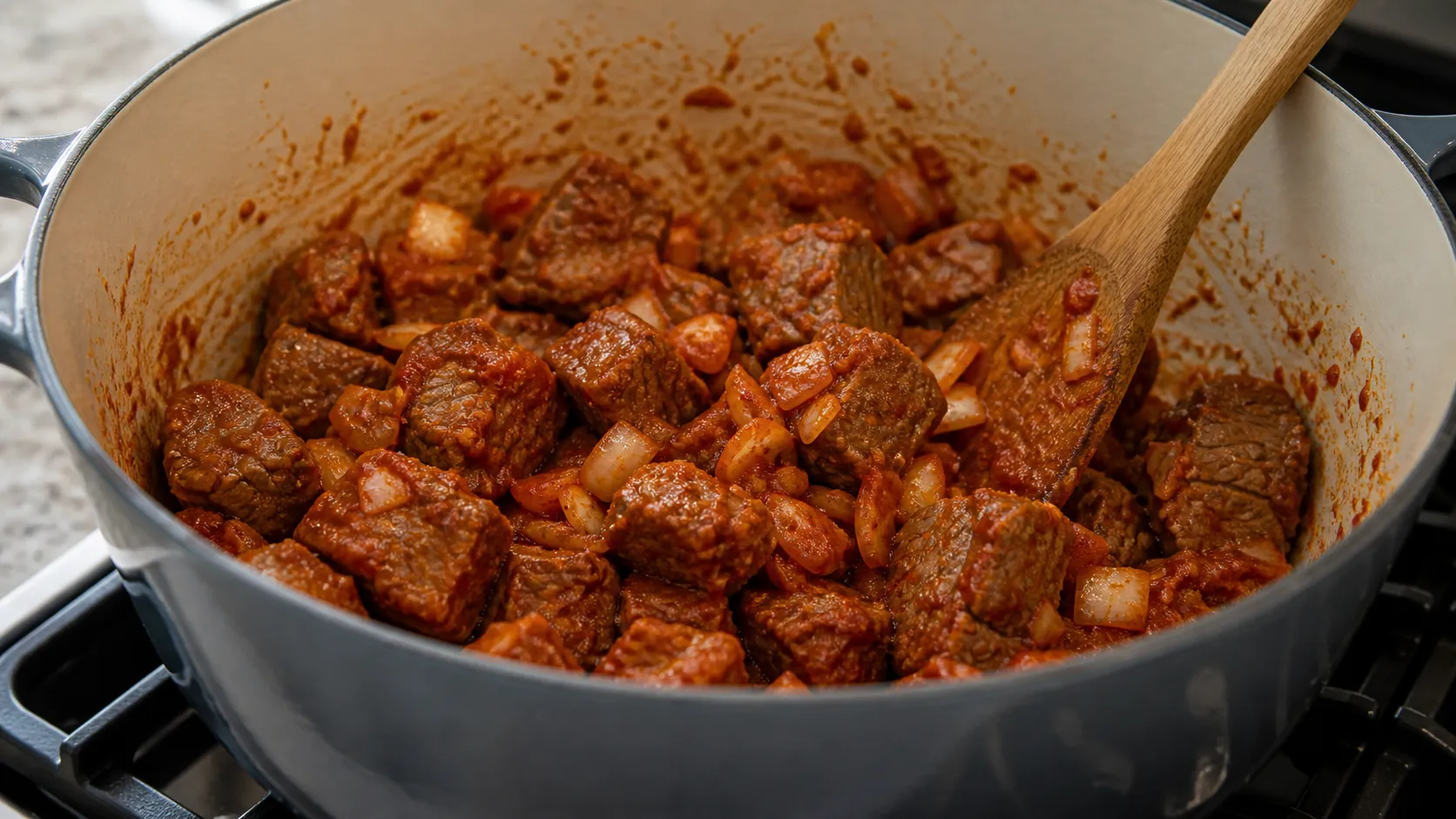 Cubes of beef being sweated with onions and paprika powder in a pot