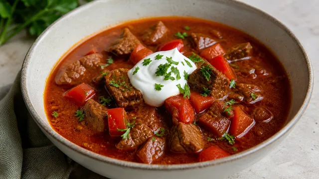 Keto goulash soup with beef, bell pepper and sour cream in a deep soup bowl