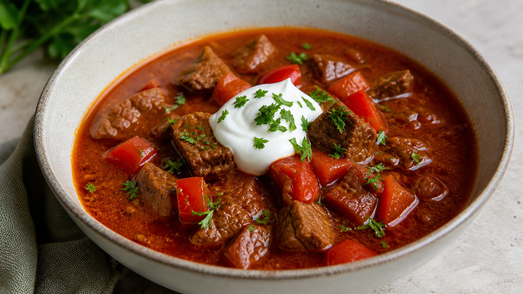 Keto goulash soup with beef, bell pepper and sour cream in a deep soup bowl