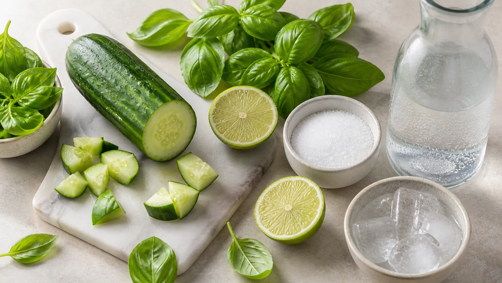 Ingredients for the keto cucumber basil lemonade: cucumber, basil, limes, erythritol and sparkling water
