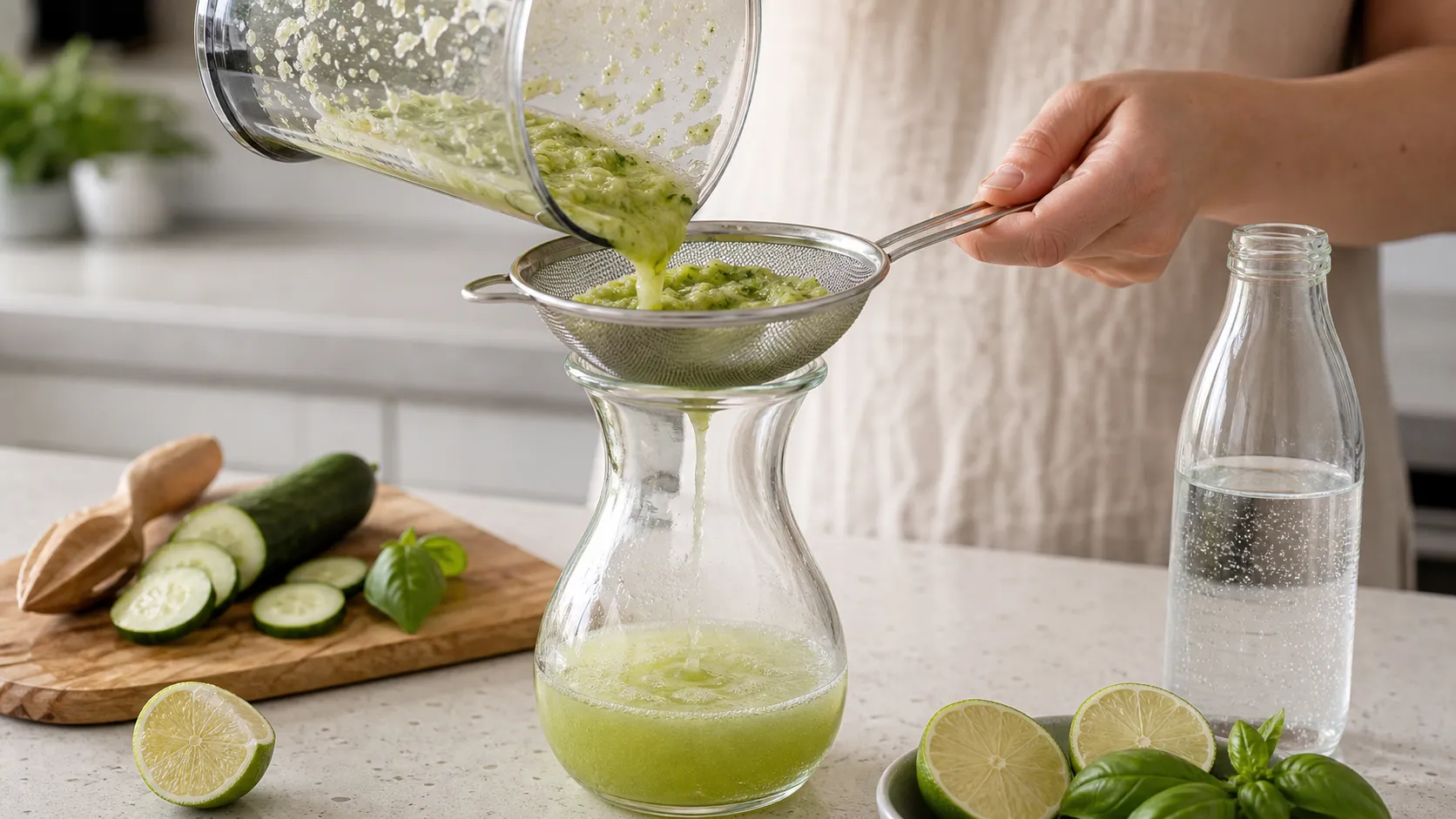 Cucumber juice being poured through a sieve into a carafe
