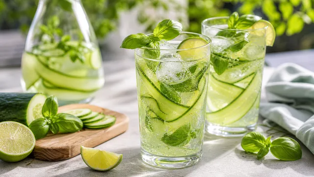 Keto cucumber basil lemonade in a glass with cucumber slices, basil leaves and ice cubes