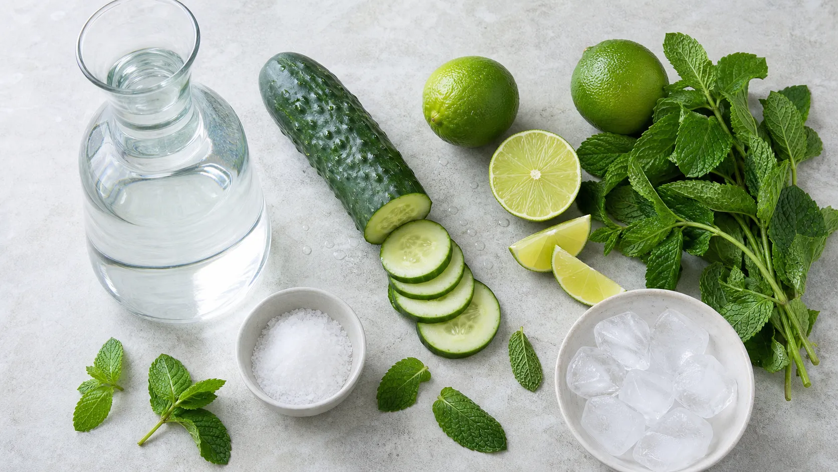 Ingredients for the electrolyte water: cucumber, limes, fresh mint, salt and a carafe of water