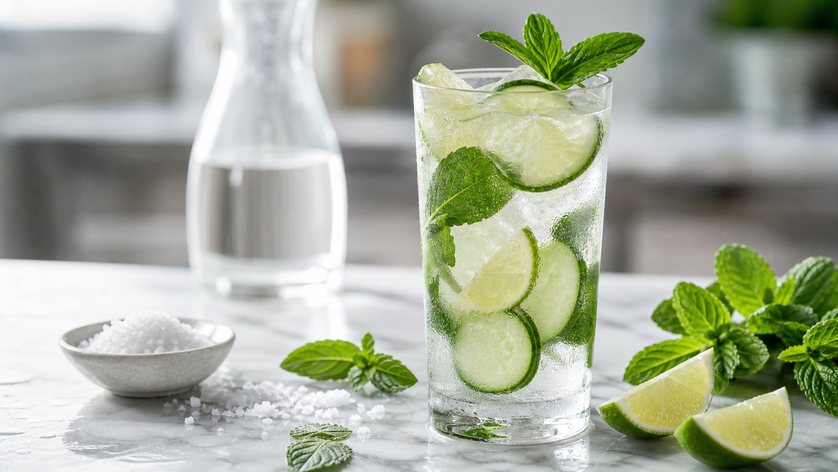 A glass of keto electrolyte water with cucumber slices, lime wedges, mint leaves and ice cubes