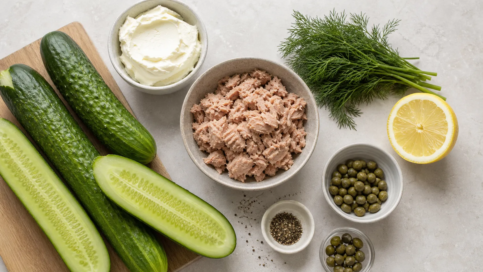 Ingredients for keto cucumber boats with tuna cream: cucumbers, tuna, cream cheese, lemon, capers, dill and pepper