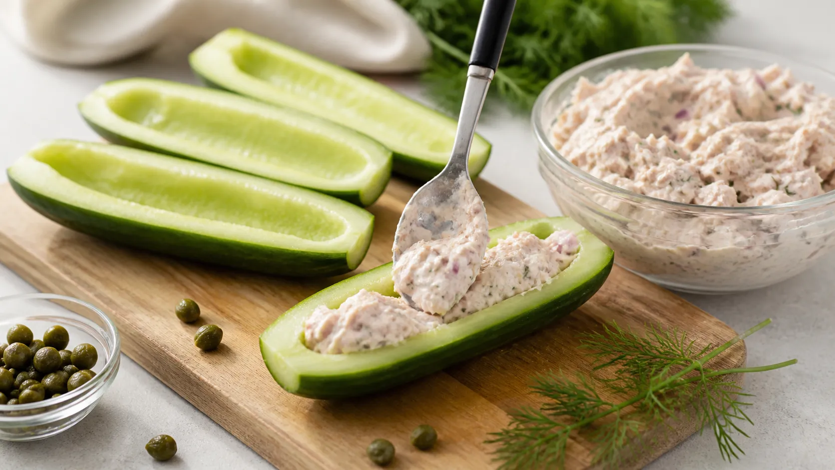 Hollowed-out cucumber halves being filled with tuna and cream cheese mixture, with capers and dill on the side