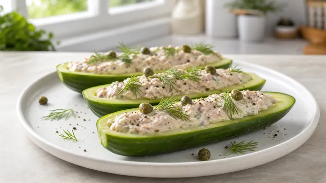Keto cucumber boats filled with tuna cream, garnished with dill and capers on a white plate