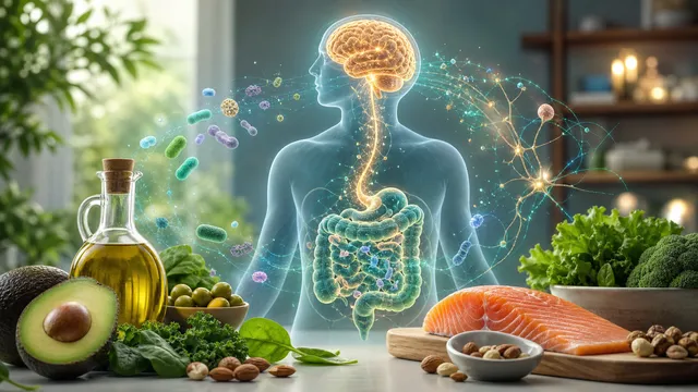 Medical illustration of the gut-brain axis with keto foods and microbiome signals