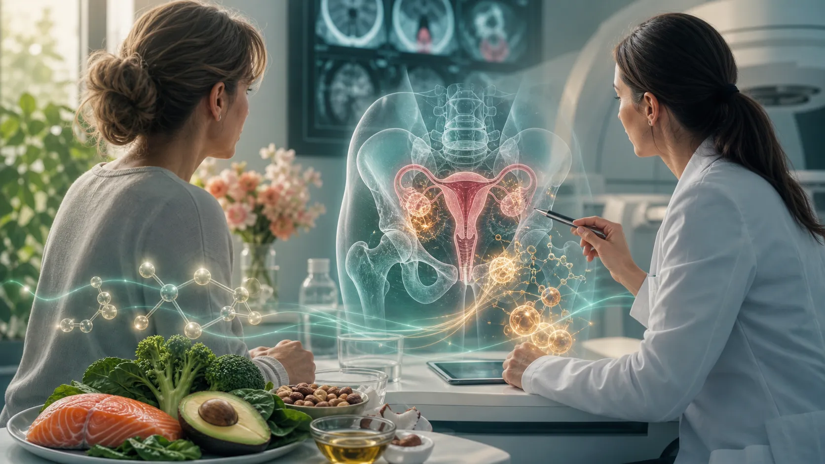 Oncology illustration of keto nutrition during gynecological cancer radiotherapy