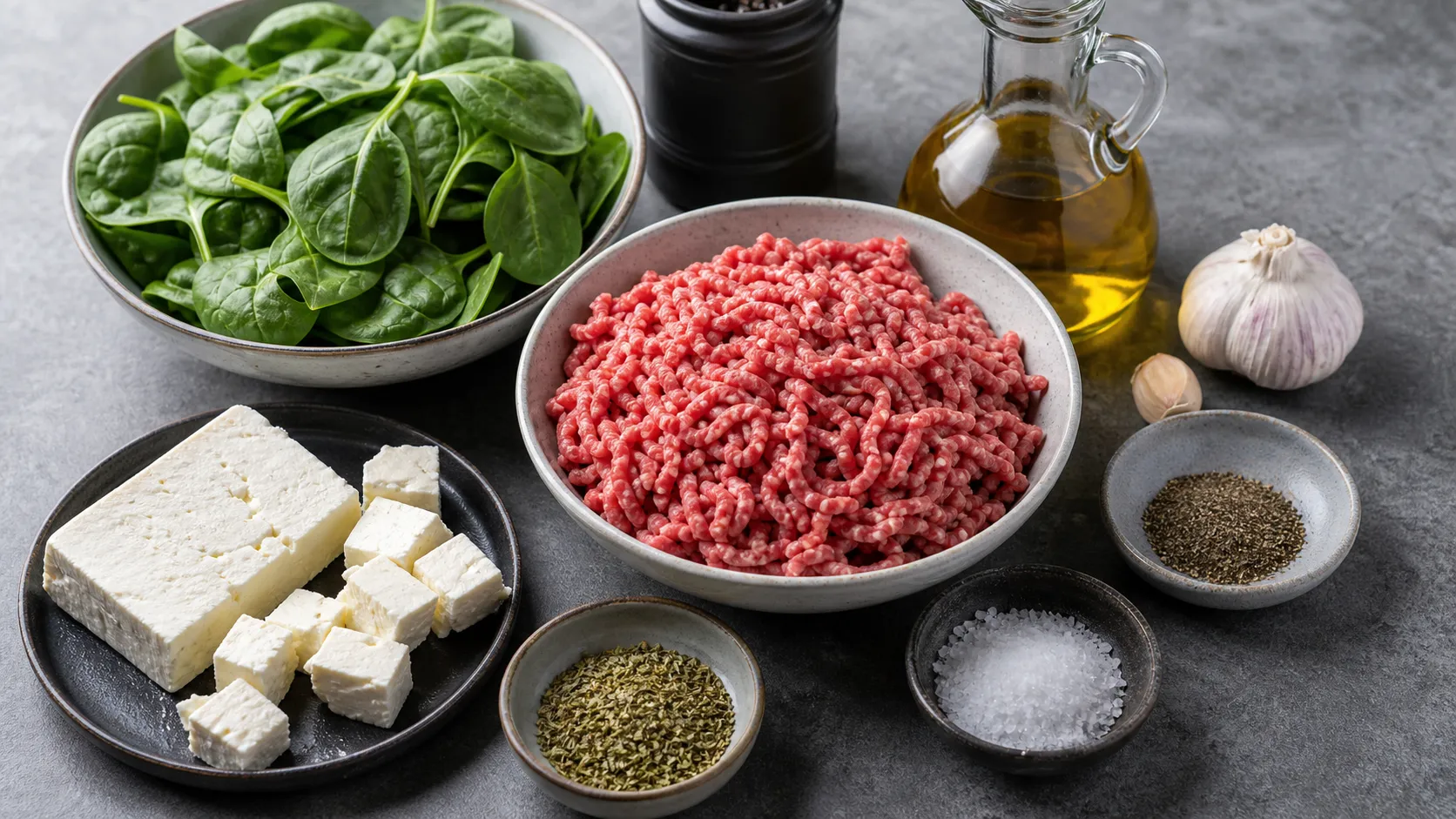 Ingredients for the keto ground beef, feta and spinach skillet: ground beef, baby spinach, feta, olive oil, garlic and oregano