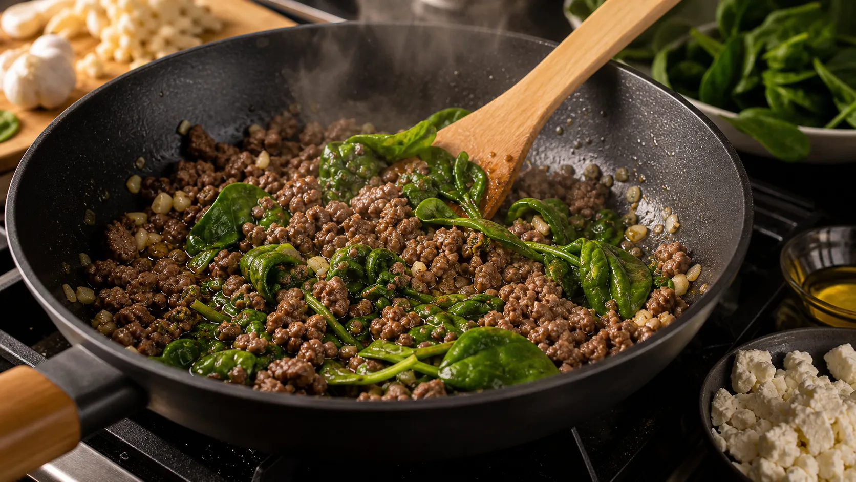 Ground beef browning crumbly in the skillet before spinach and feta are added