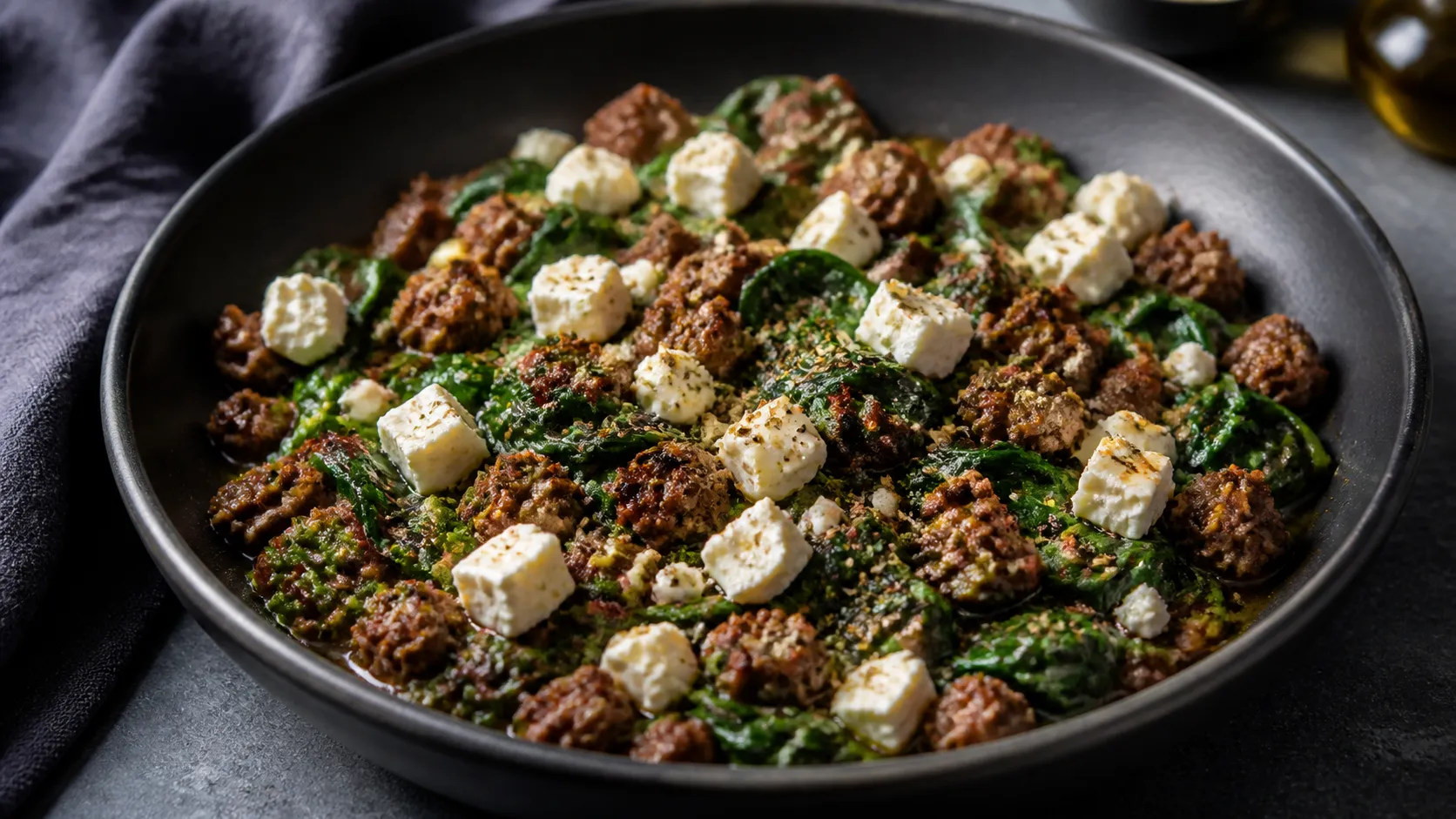 Keto ground beef, feta and spinach skillet with crumbled feta and fresh oregano in a dark pan