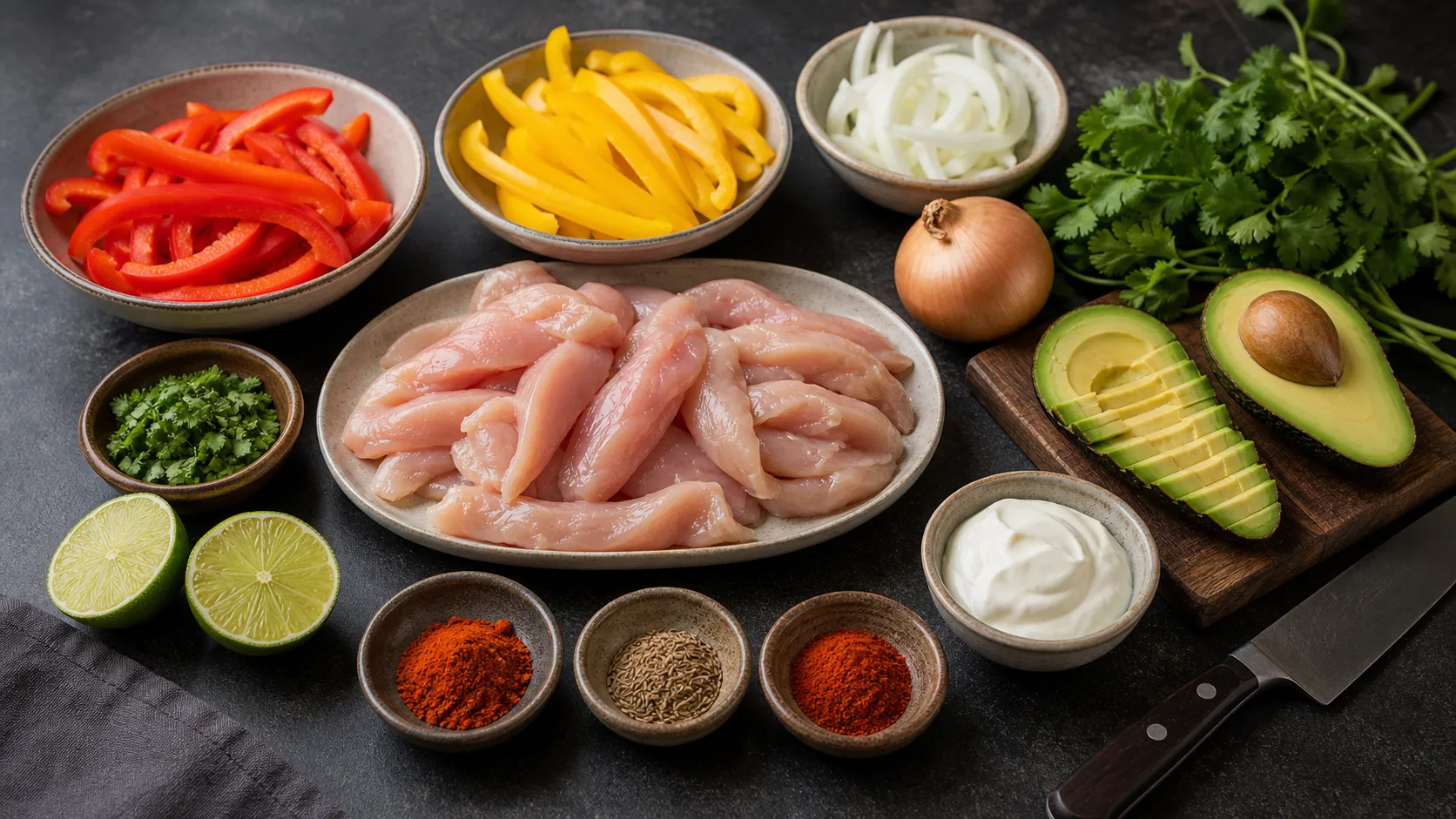 Ingredients for the keto chicken fajita skillet: chicken breast, red and yellow bell peppers, onion, lime, avocado, sour cream, and spices