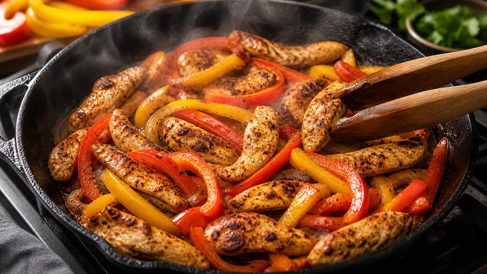 Chicken breast and bell pepper strips searing in a hot skillet for the keto fajita skillet