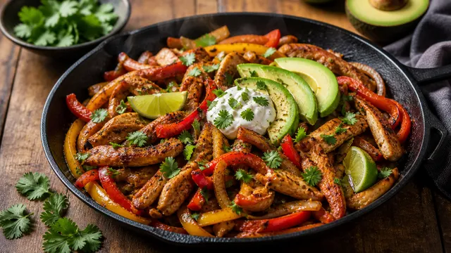 Keto chicken fajita skillet with colorful bell pepper strips, avocado slices, and sour cream in a cast-iron skillet