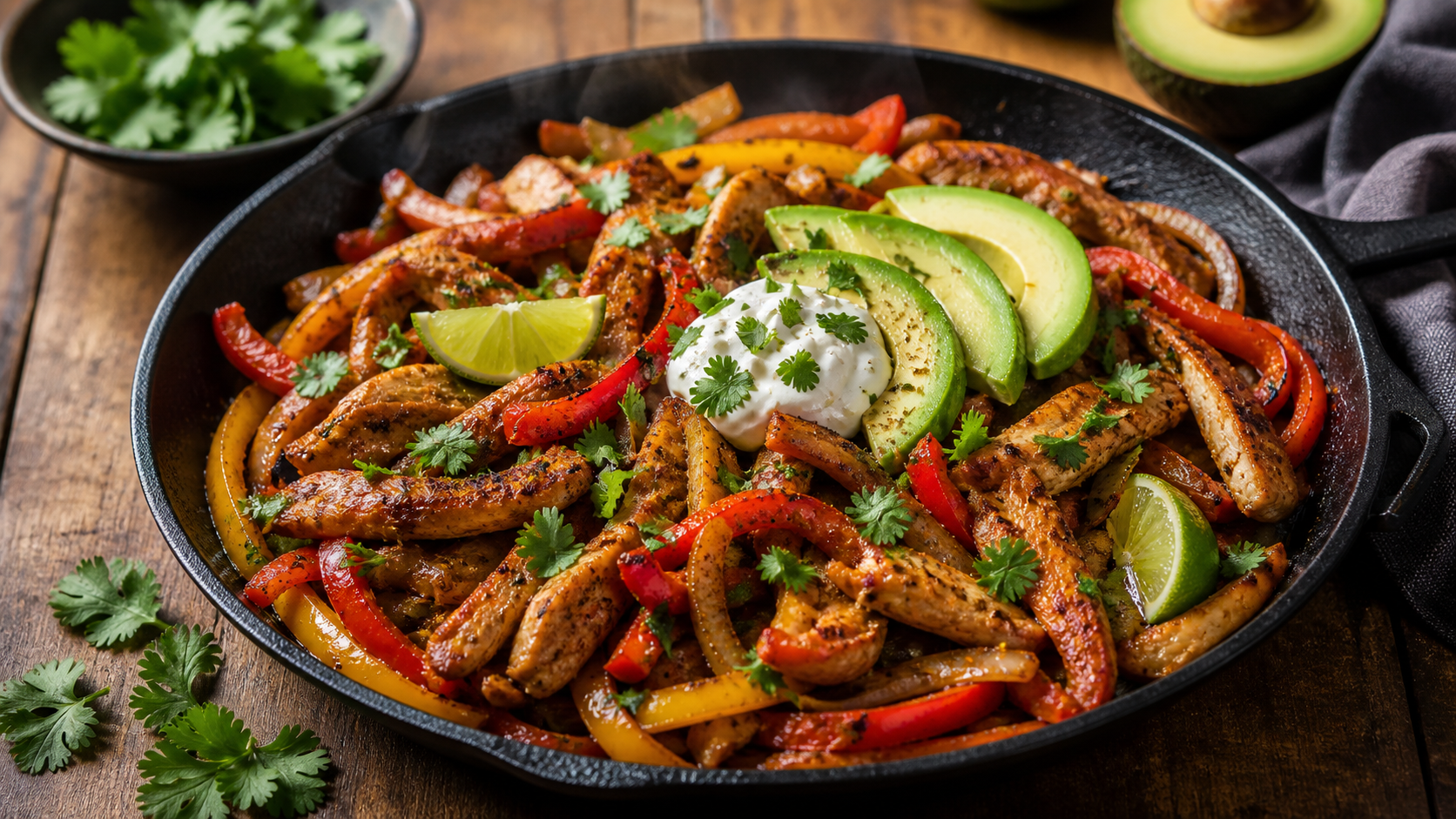 Keto chicken fajita skillet with colorful bell pepper strips, avocado slices, and sour cream in a cast-iron skillet