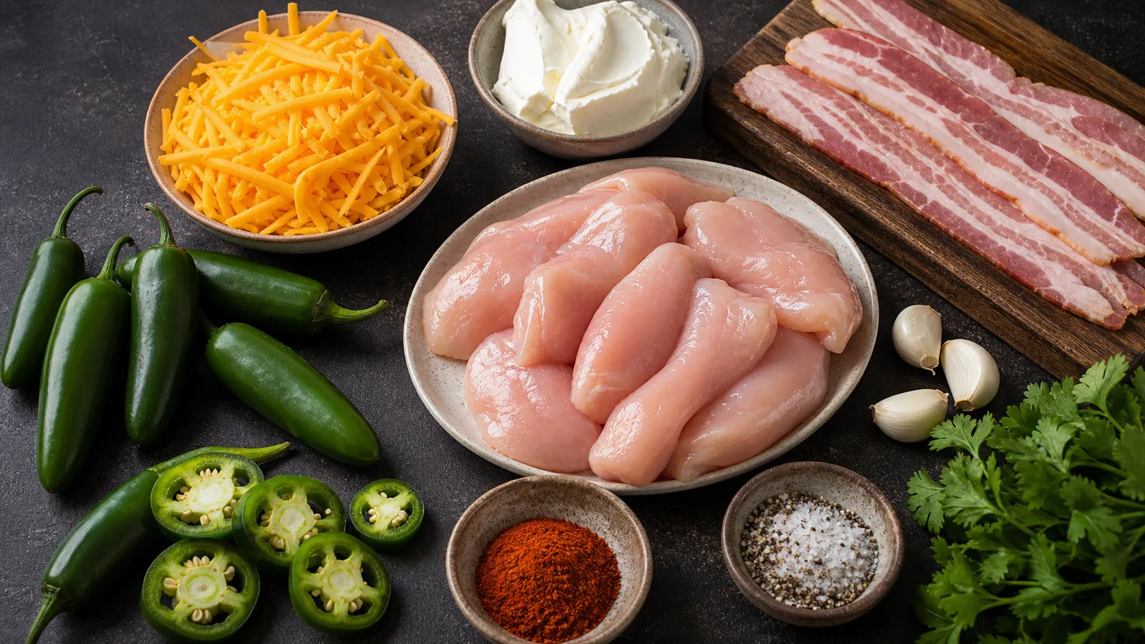 Ingredients for the keto chicken jalapeño popper skillet: chicken breast, jalapeños, cream cheese, cheddar, bacon, garlic and spices