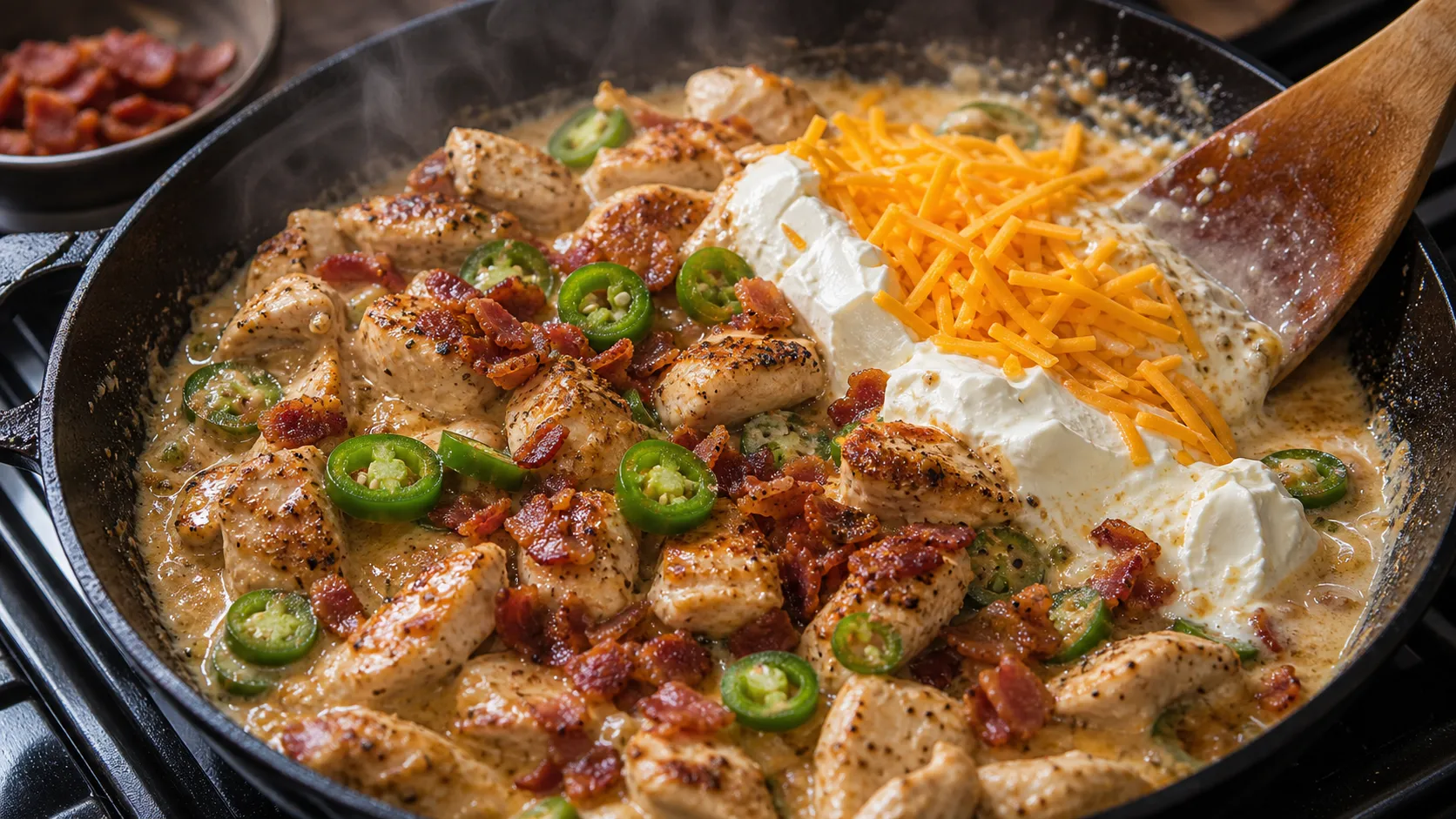 Chicken breast searing in the skillet, topped with jalapeño rings and cheddar for the keto jalapeño popper skillet