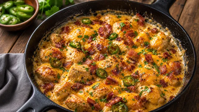 Keto chicken jalapeño popper skillet with melted cheddar, crispy bacon and jalapeño rings in a cast iron skillet