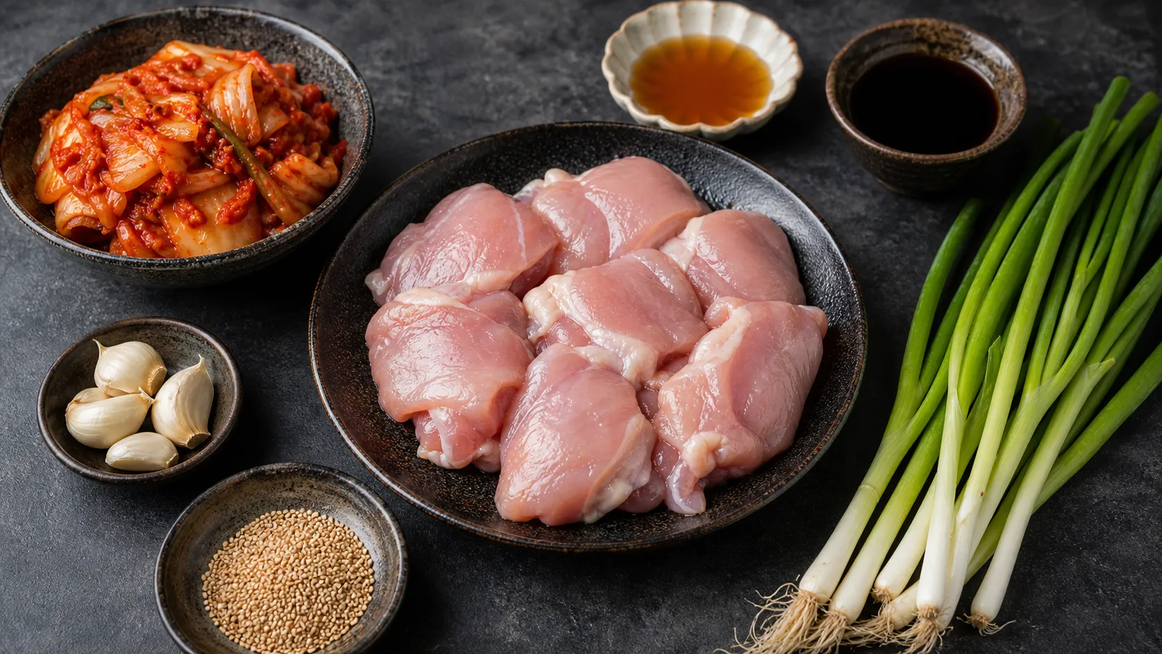 Ingredients for the keto chicken kimchi skillet: chicken thighs, kimchi, sesame oil, soy sauce, spring onions, garlic and sesame seeds