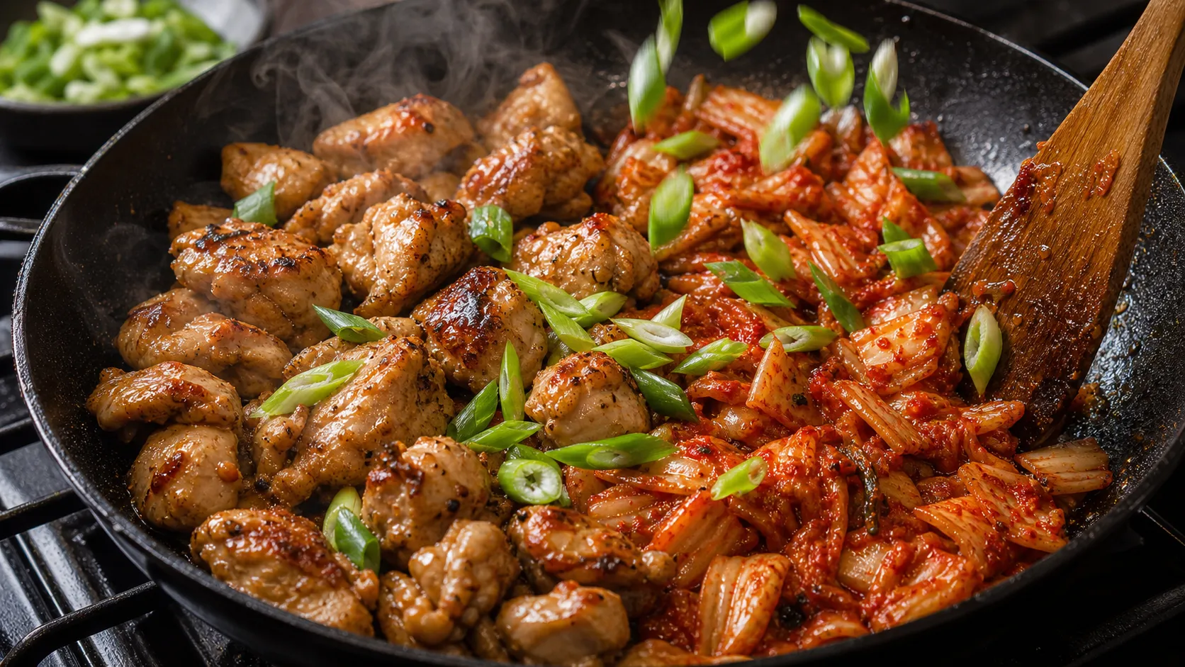 Kimchi caramelizing in a hot skillet next to seared chicken pieces