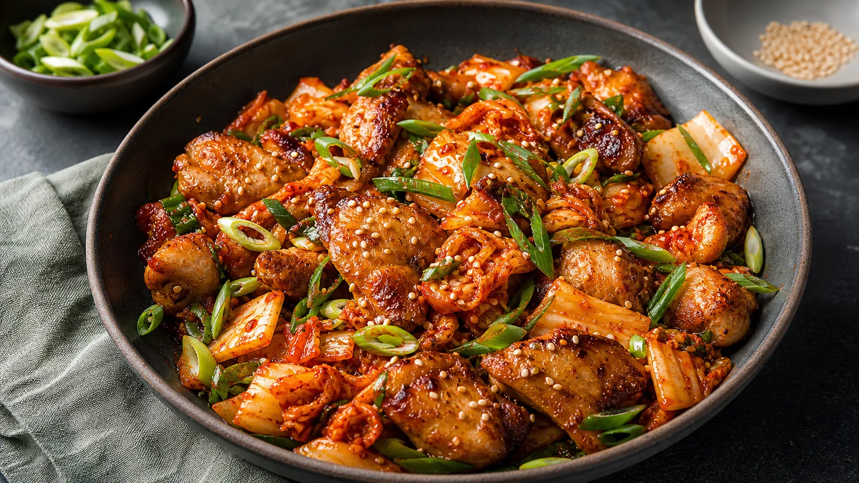 Keto chicken kimchi skillet with pan-fried chicken thighs, caramelized kimchi, spring onions and sesame seeds in a deep bowl