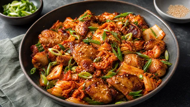 Keto chicken kimchi skillet with pan-fried chicken thighs, caramelized kimchi, spring onions and sesame seeds in a deep bowl