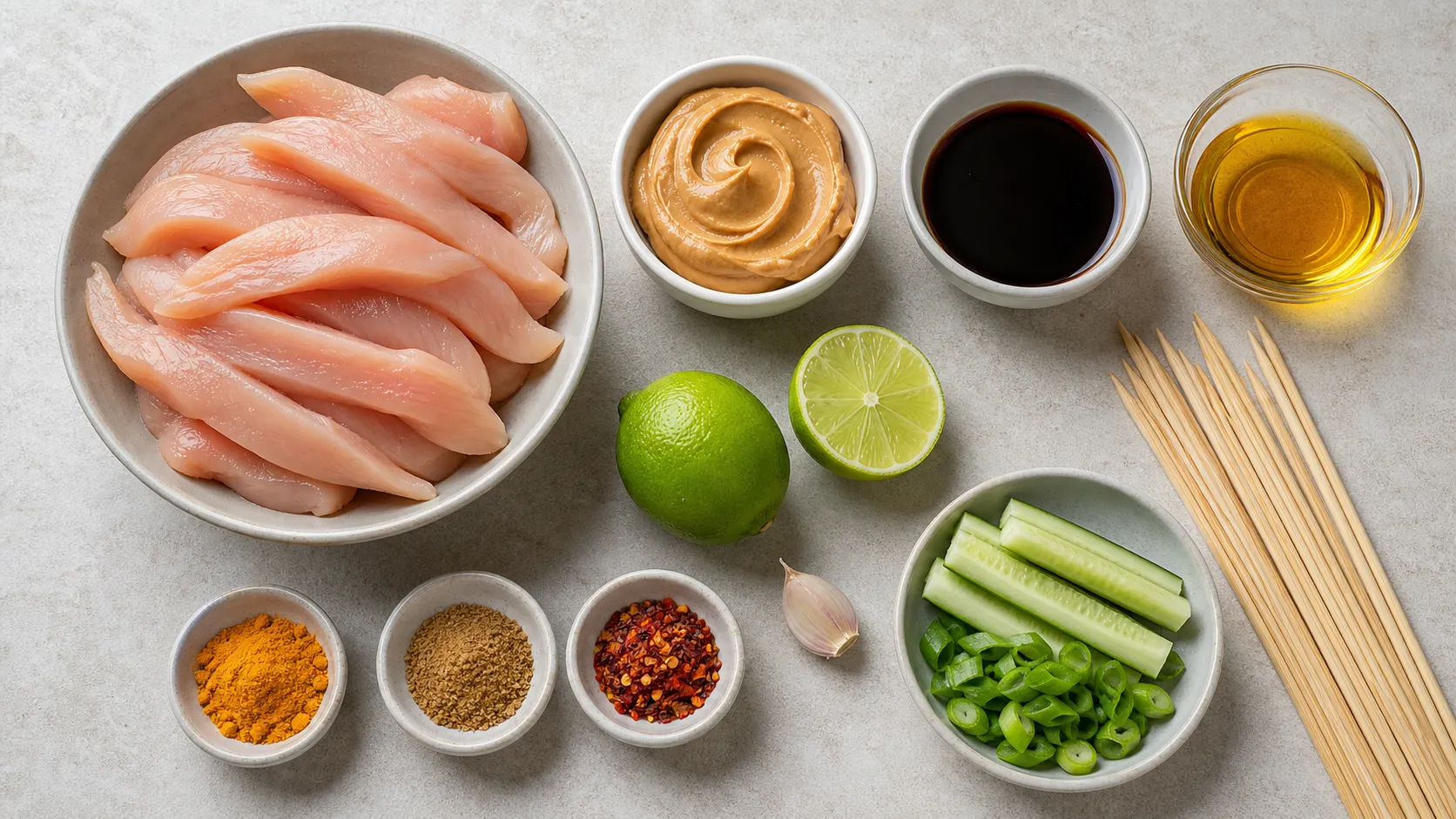 Ingredients for Keto Chicken Satay Skewers with Low-Carb Peanut Sauce: 26g Protein: 120 g chicken breast (cut into strips), 20 g peanut butter (100% peanuts, no added sugar), 15 ml soy sauce (or tamari), 5 ml sesame oil, 15 ml lime juice (freshly squeezed), 1/4 tsp turmeric powder