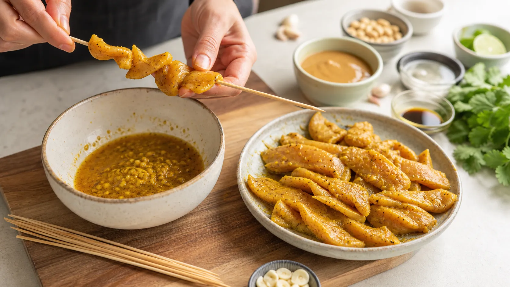 Preparation step for Keto Chicken Satay Skewers with Low-Carb Peanut Sauce: 26g Protein: Make the peanut sauce: combine the peanut butter (20g), remaining soy sauce (2 tsp), lime juice (1 tbsp), remaining garlic and chili flakes. Thin with 1 to 2 tsp of water if needed.