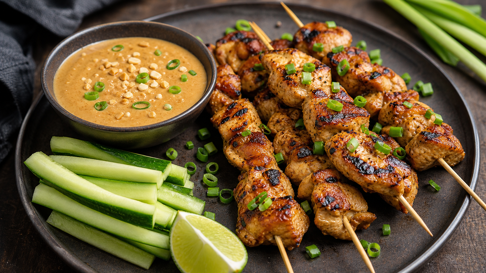 Keto chicken satay skewers with creamy low-carb peanut sauce and cucumber sticks on a wooden board