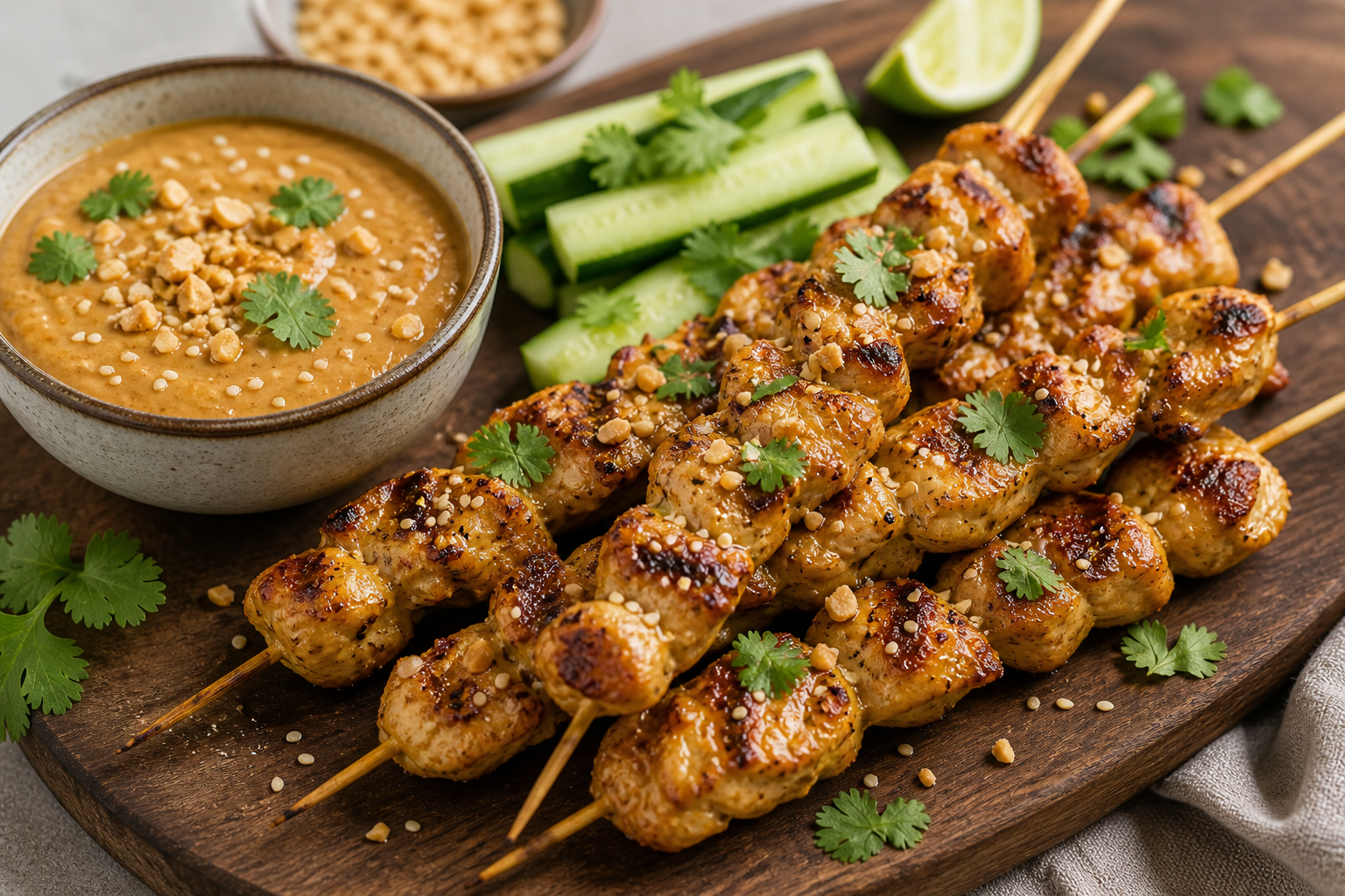 Keto chicken satay skewers with creamy low-carb peanut sauce and cucumber sticks on a wooden board