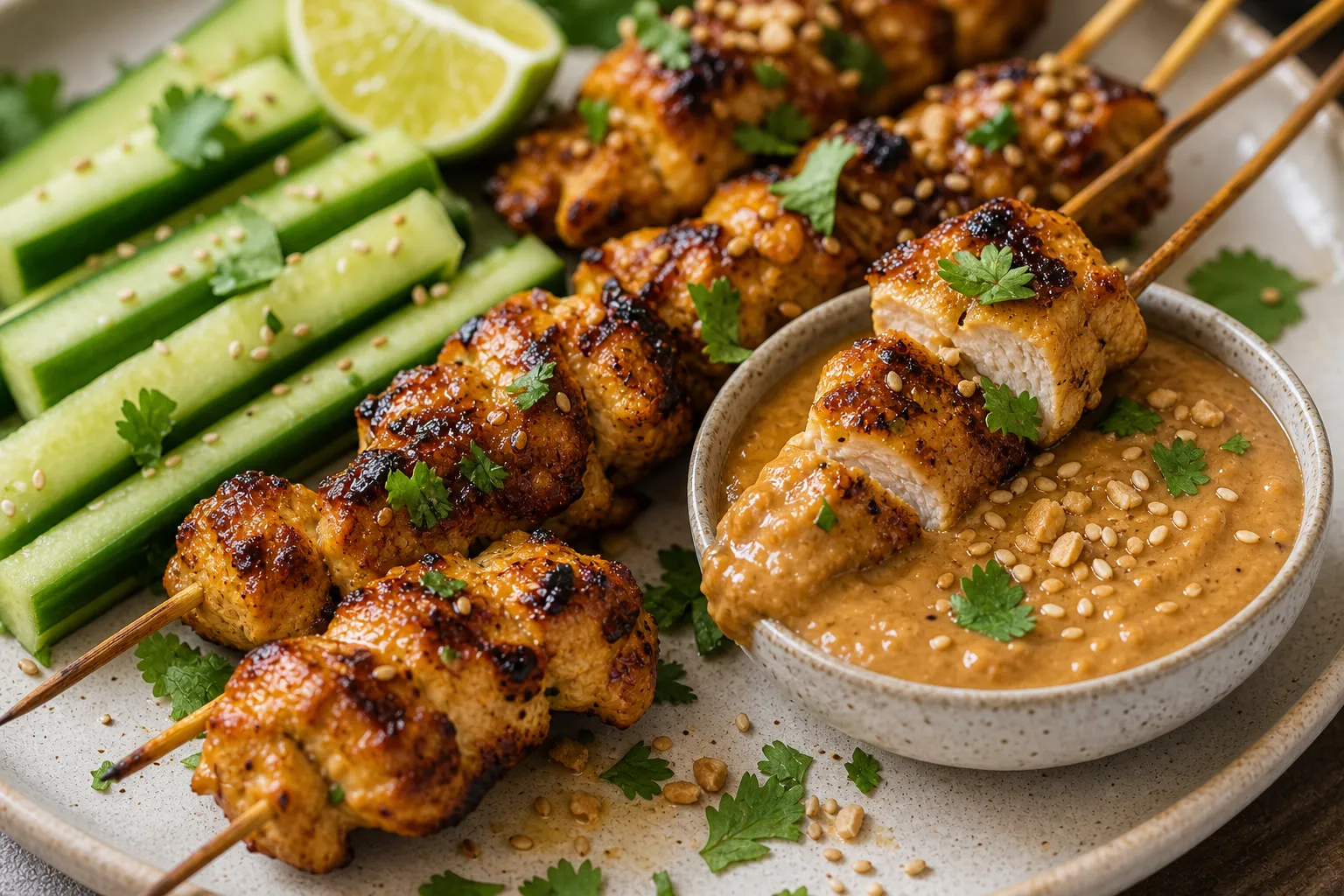 Finished keto chicken satay skewers next to a small bowl of low-carb peanut sauce