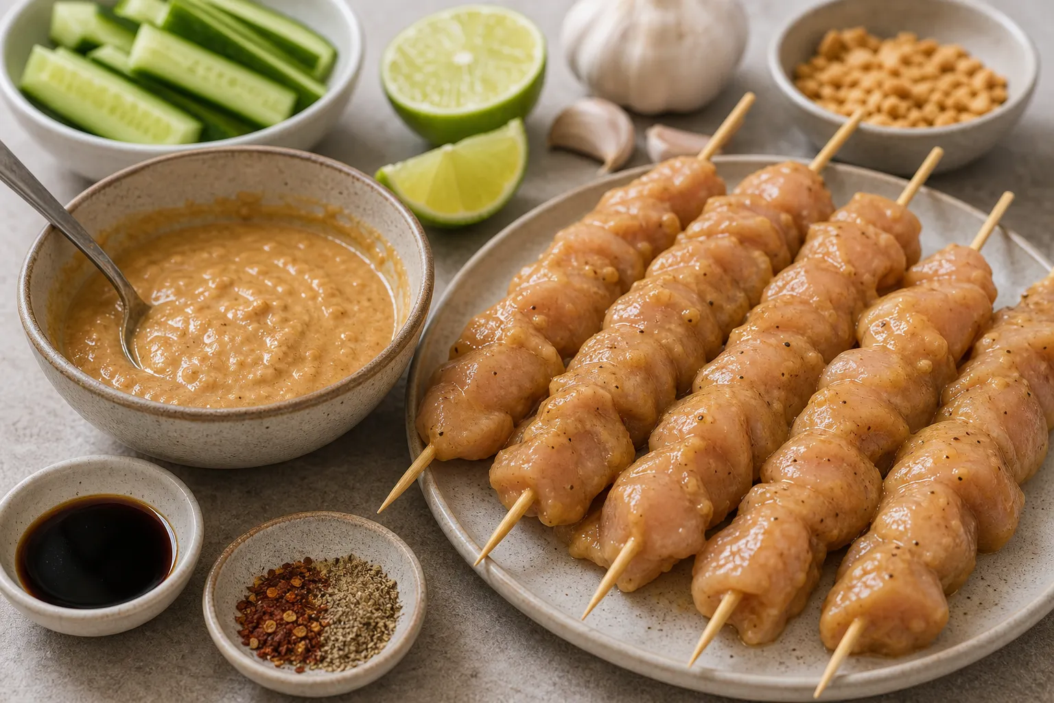 Cutting chicken breast into thin strips and threading them onto skewers for satay