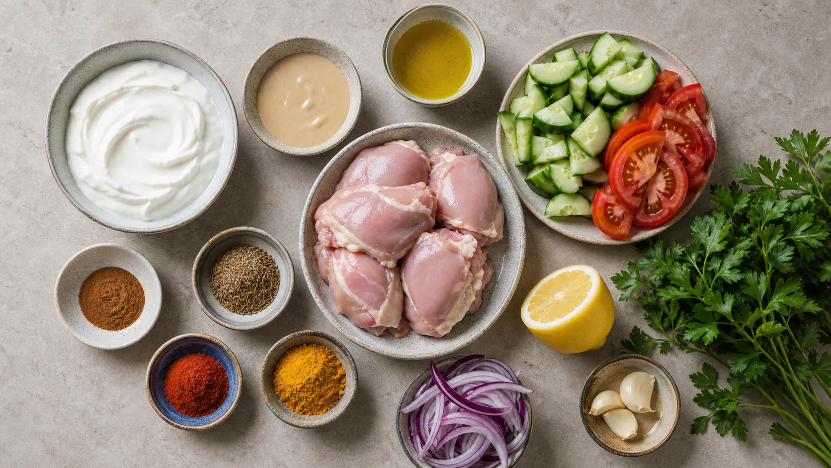 Ingredients for the keto chicken shawarma bowl: chicken thighs, cumin, turmeric, paprika, cinnamon, cucumber, tomato, yogurt, tahini and olive oil