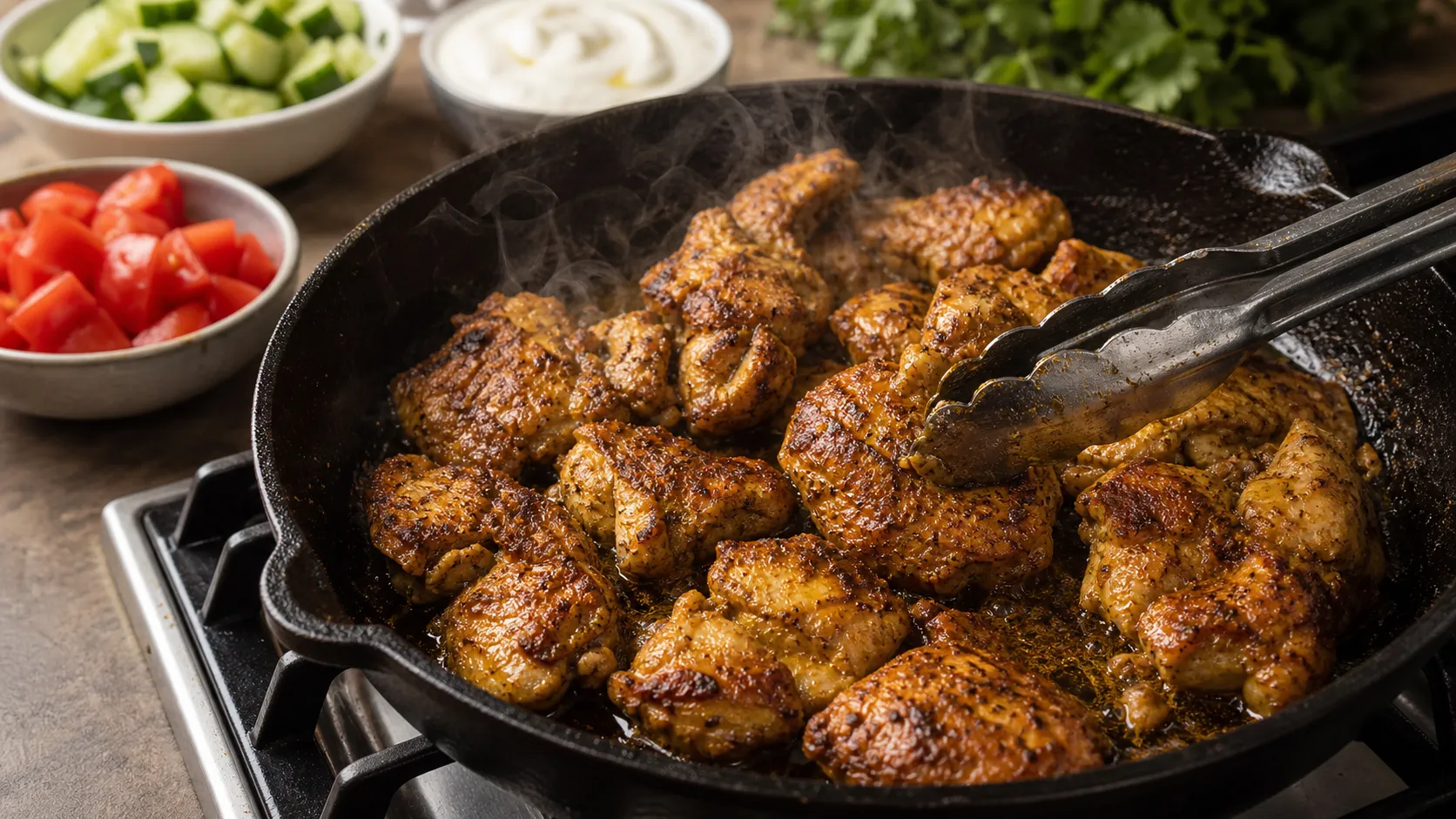 Chicken thighs being pan-fried golden-brown with shawarma spices for the keto shawarma bowl