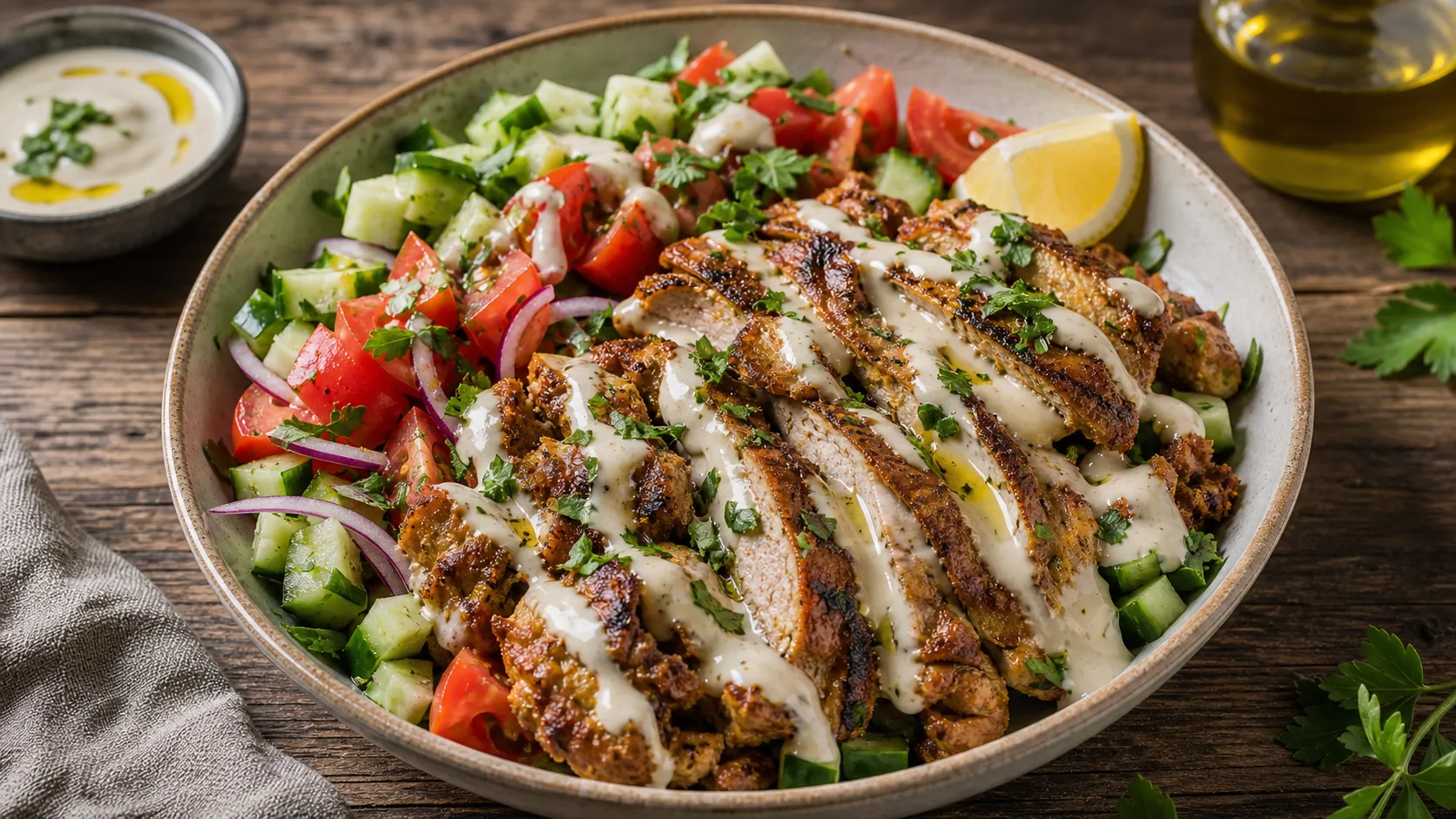 Keto chicken shawarma bowl with golden-brown pan-fried chicken thighs, diced cucumber, tomatoes and creamy yogurt-tahini sauce in a bowl